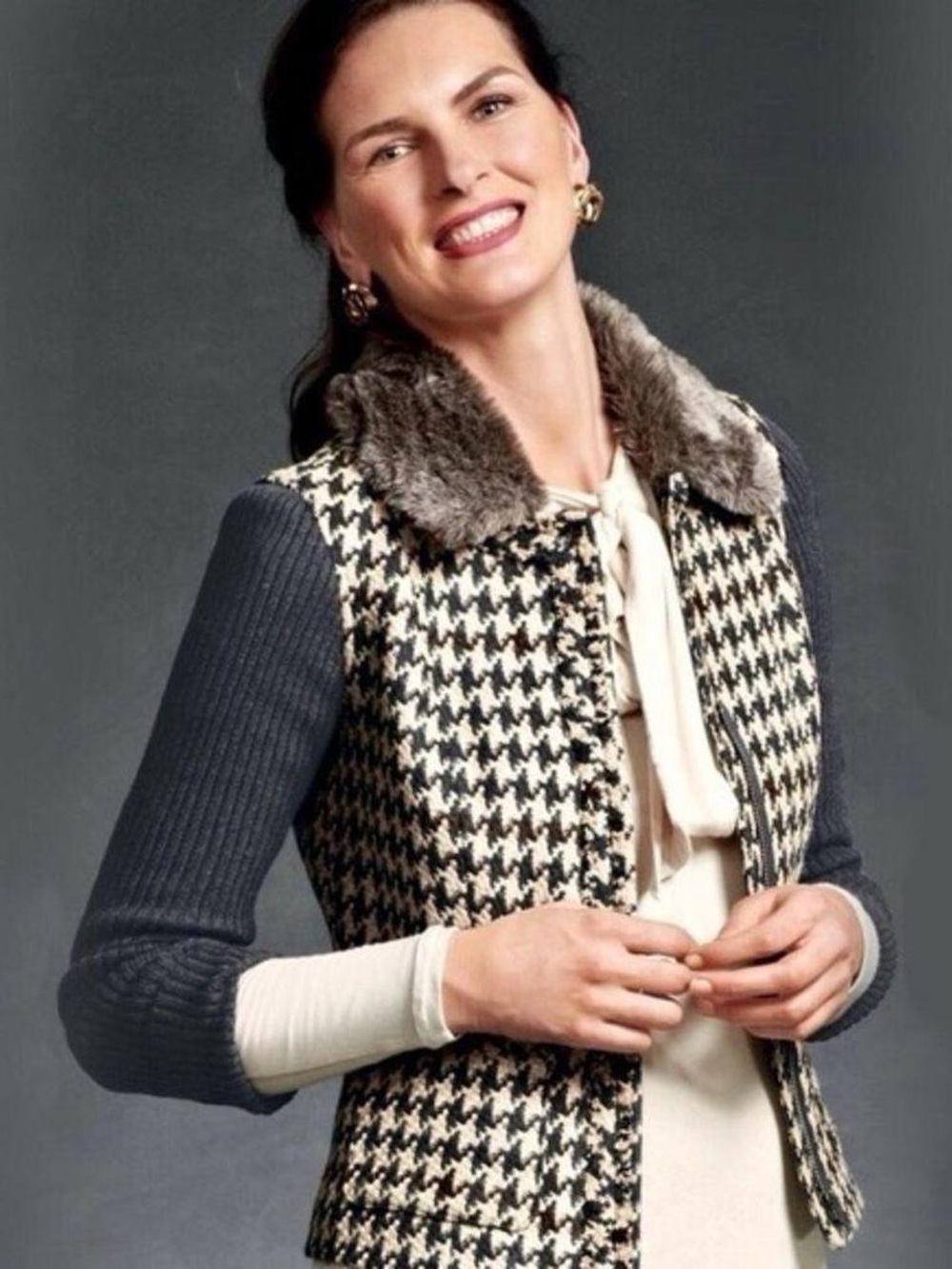 CAbi Jacket Sweater Wool Blend Houndstooth  8 Long Sleeved  Removable Fur Collar